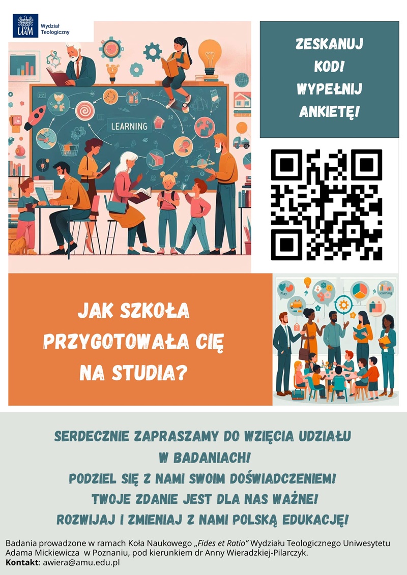 Plakat zapraszający do wzięcia udziału w badaniach prowadzonych przez Koło Naukowe Fides et Ratio Wydziału Teologicznego UAM w Poznaniu