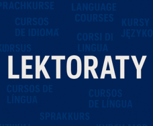 Biały napis Lektoraty na niebieskim tle, na drugim planie przetłumaczone słowo Lektoraty w językach Europejskichlektoraty w 